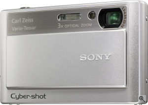 Sony's Cyber-shot DSC-T20 digital camera. Courtesy of Sony, with modifications by Michael R. Tomkins. Click for a bigger picture!