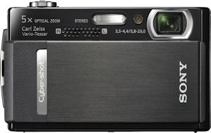 Sony's Cyber-shot DSC-T500 digital camera. Courtesy of Sony, with modifications by Michael R. Tomkins. Click for a bigger picture!