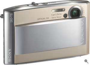 Sony's Cyber-shot DSC-T5 digital camera. Courtesy of Sony, with modifications by Michael R. Tomkins. Click for a bigger picture!
