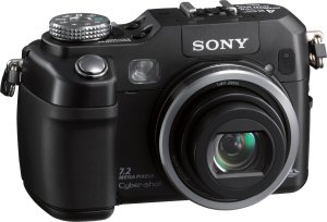 Sony's Cyber-shot DSC-V3 digital camera. Courtesy of Sony, with modifications by Michael R. Tomkins. Click for a bigger picture!