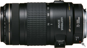 Canon's EF 70-300mm f/4-5.6 IS USM lens. Courtesy of Canon, with modifications by Michael R. Tomkins. Click for a bigger picture!