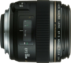 Canon's EF-S 60mm f/2.8 Macro USM lens. Courtesy of Canon, with modifications by Michael R. Tomkins. Click for a bigger picture!