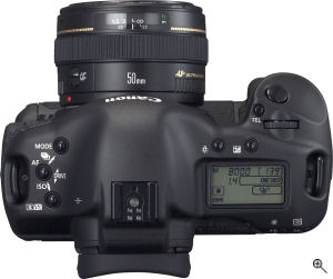 Canon's EOS-1D Mark II N digital SLR. Courtesy of Canon, with modifications by Michael R. Tomkins. Click for a bigger picture!