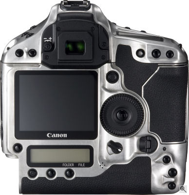 Canon's EOS-1D Mark III digital SLR. Courtesy of Canon, with modifications by Michael R. Tomkins. Click for a bigger picture!