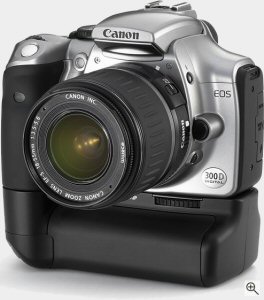 Canon's EOS 300D digital SLR. Courtesy of Canon, with modifications by Michael R. Tomkins. Click for a bigger picture!