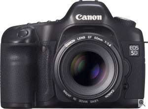 Canon's EOS 5D digital SLR. Courtesy of Canon, with modifications by Michael R. Tomkins. Click for a bigger picture!