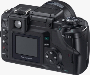 Olympus' EVOLT E-300 digital SLR. Courtesy of Olympus, with modifications by Michael R. Tomkins. Click for a bigger picture!