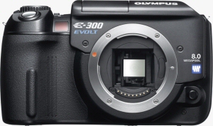 Olympus' EVOLT E-300 digital SLR. Courtesy of Olympus, with modifications by Michael R. Tomkins. Click for a bigger picture!