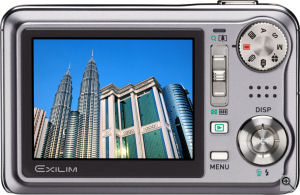 Casio's EXILIM EX-V7 digital camera. Courtesy of Casio, with modifications by Michael R. Tomkins. Click for a bigger picture!