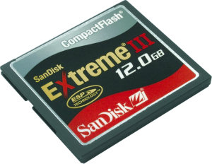 SanDisk's Extreme III 12GB CompactFlash card. Courtesy of SanDisk, with modifications by Michael R. Tomkins. Click for a bigger picture!