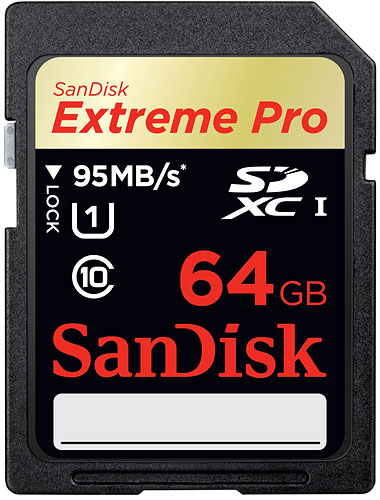 The SanDisk Extreme Pro 64GB SDXC UHS-I card. Photo provided by SanDisk Corp. Click for a bigger picture!