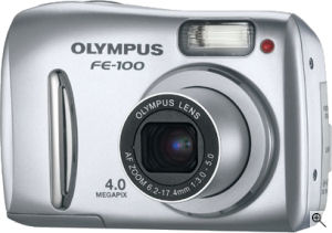 Olympus' FE-100 digital camera. Courtesy of Olympus, with modifications by Michael R. Tomkins. Click for a bigger picture!