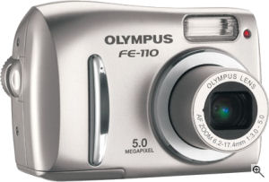 Olympus' FE-110 digital camera. Courtesy of Olympus, with modifications by Michael R. Tomkins. Click for a bigger picture!