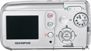Olympus' FE-120 digital camera. Courtesy of Olympus, with modifications by Michael R. Tomkins. Click for a bigger picture!