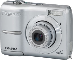 Olympus' FE-210 digital camera. Courtesy of Olympus, with modifications by Michael R. Tomkins. Click for a bigger picture!