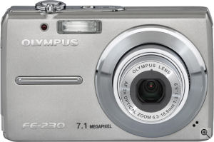 Olympus' FE-230 digital camera. Courtesy of Olympus, with modifications by Michael R. Tomkins. Click for a bigger picture!