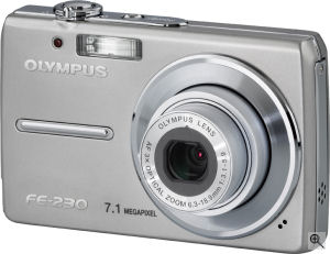Olympus' FE-230 digital camera. Courtesy of Olympus, with modifications by Michael R. Tomkins. Click for a bigger picture!
