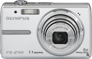 Olympus' FE-240 digital camera. Courtesy of Olympus, with modifications by Michael R. Tomkins. Click for a bigger picture!