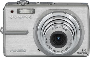 Olympus' FE-250 digital camera. Courtesy of Olympus, with modifications by Michael R. Tomkins. Click for a bigger picture!