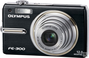 Olympus' FE-300 digital camera. Courtesy of Olympus, with modifications by Michael R. Tomkins. Click for a bigger picture!