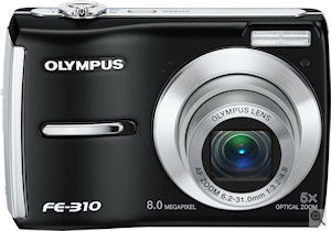 Olympus' FE-310 digital camera. Courtesy of Olympus, with modifications by Michael R. Tomkins. Click for a bigger picture!