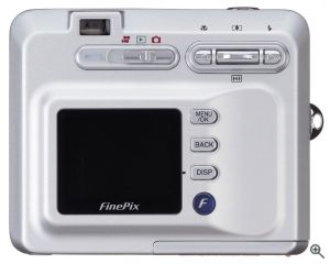Fuji's FinePix F410 digital camera. Courtesy of Fuji, with modifications by Michael R. Tomkins. Click for a bigger picture!