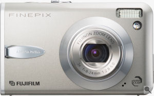 Fujifilm's FinePix F30 digital camera. Courtesy of Fujifilm, with modificatioms by Michael R. Tomkins. Click for a bigger picture!