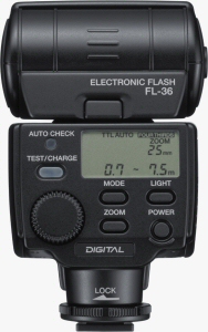 Olympus' FL-36 flash strobe. Courtesy of Olympus, with modifications by Michael R. Tomkins. Click for a bigger picture!