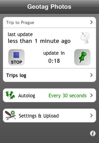 Geotag Photos 1.1 showing a trip being logged. Screenshot provided by Sarsoft.