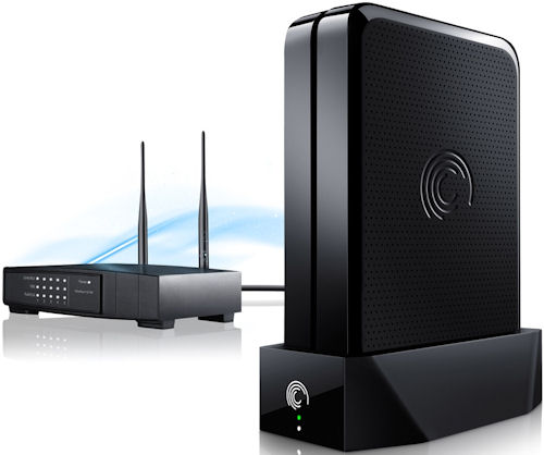 Seagate's GoFlex Home network storage system, shown with generic wireless router. Photo provided by Seagate Technology LLC. Click for a bigger picture!