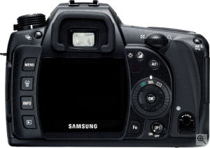 Samsung's GX-10 single-lens reflex digital camera. Courtesy of Samsung, with modifications by Michael R. Tomkins. Click for a bigger picture!