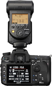 Sony's HVL-F58AM flash strobe mounted on the Alpha α-700 digital SLR. Courtesy of Sony, with modifications by Michael R. Tomkins. Click for a bigger picture!
