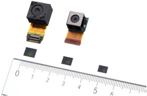 Top (left to right): Lens modules "IU060F"*2 "IU046F". Bottom (left to right): CMOS Image sensors "Exmor™" "IMX060PQ" "IMX046PQ" "IMX045PQ". Photo provided by Sony Corp. Click for a bigger picture!