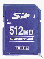 I-O Data's 512MB Secure Digital card. Courtesy of I-O Data Device Inc. with modifications by Michael R. Tomkins. Click for a bigger picture!