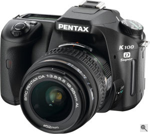 Pentax's K100D Super digital SLR. Courtesy of Pentax, with modifications by Michael R. Tomkins. Click for a bigger picture!