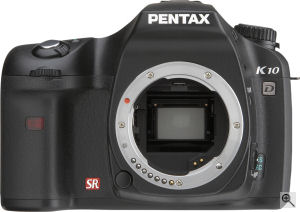 Pentax's K10D single-lens reflex digital camera. Courtesy of Pentax, with modifications by Michael R. Tomkins. Click for a bigger picture!