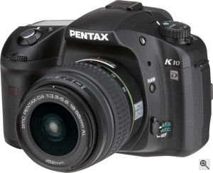Pentax's K10D single-lens reflex digital camera. Courtesy of Pentax, with modifications by Michael R. Tomkins. Click for a bigger picture!