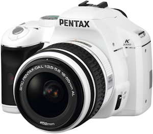 Pentax's limited edition white K2000 digital SLR, front view. Photo provided by Pentax Imaging Co.  Click for a bigger picture!