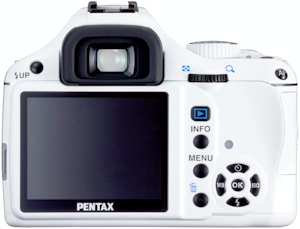 Pentax's limited edition white K2000 digital SLR, rear view. Photo provided by Pentax Imaging Co.  Click for a bigger picture!