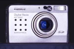 Konica's Digital  Revio KD-300Z digital camera, front view. Courtesy of Konica.