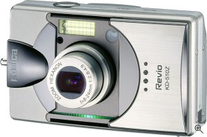 Konica's KD-510Z digital camera. Courtesy of Konica, with modifications by Michael R. Tomkins. Click for a bigger picture!