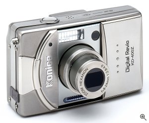 Konica's KD-400Z digital camera, front view. Courtesy of Konica Photo Imaging Inc., with modifications by Michael R. Tomkins. Click for a bigger picture!