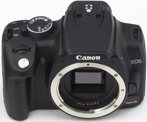 Canon's EOS Kiss Digital 2e digital SLR. Courtesy of Canon, with modifications by Michael R. Tomkins. Click for a bigger picture!