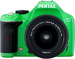 Pentax's K-x digital SLR, front view in green body color. Photo provided by Pentax Imaging Co. Click for a bigger picture!