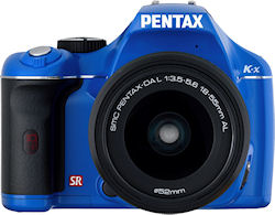 Pentax's K-x digital SLR, front view in blue body color. Photo provided by Pentax Imaging Co. Click for a bigger picture!