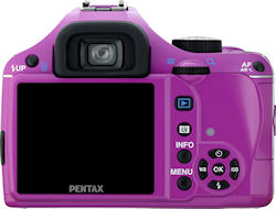 Pentax's K-x digital SLR, rear view in purple body color. Photo provided by Pentax Imaging Co. Click for a bigger picture!