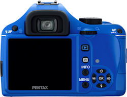 Pentax's K-x digital SLR, rear view in blue body color. Photo provided by Pentax Imaging Co. Click for a bigger picture!