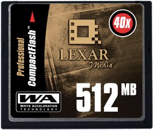 Lexar's 512MB 40X high-speed CompactFlash card. Courtesy of Lexar, with modifications by Michael R. Tomkins.