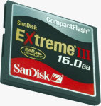 SanDisk's Extreme III 16GB CompactFlash card. Courtesy of SanDisk, with modifications by Michael R. Tomkins.