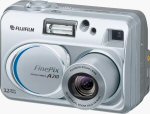 Fuji's FinePix A210 digital camera. Courtesy of Fuji, with modifications by Michael R. Tomkins. Click for a bigger picture!